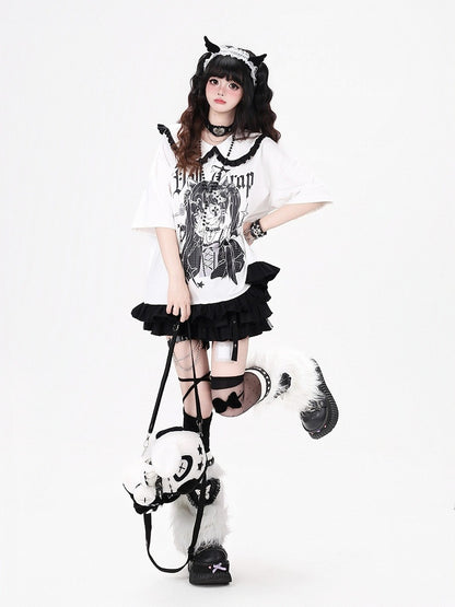Anime Girl Print White Peter Pan Collar Short Sleeve T-Shirt with Ruffle Hem - CRAZY GIRL