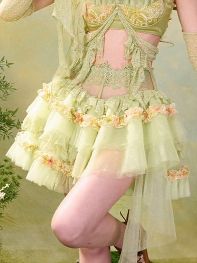 Green Fairycore Mori Layered Lace Skirt with Asymmetrical Hem - Virtual Orbit