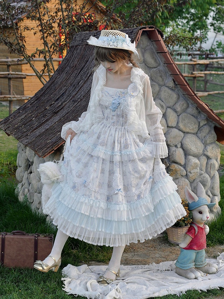 Blue Flower & Lamb Print Embroidered Neckline Lolita JSK Dress - Miss Point