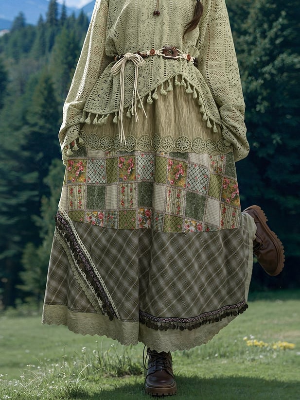 Grüner Cottagecore-Patchworkrock mit hoher Taille im Bohemian-Stil