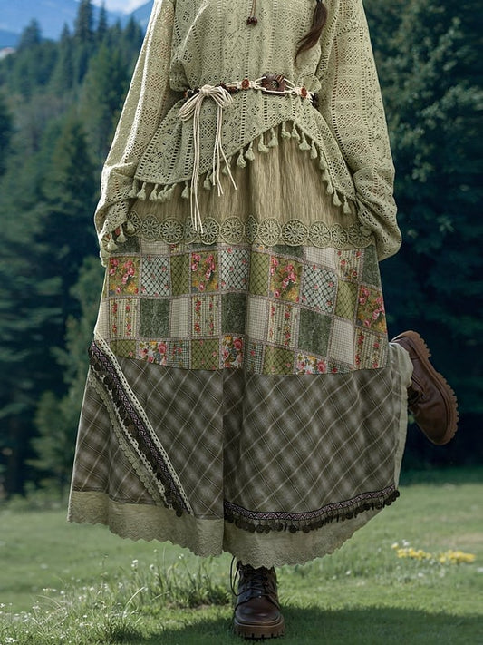 ボヘミアンウエストコテージコアパッチワークハイグリーンモリケイスカート