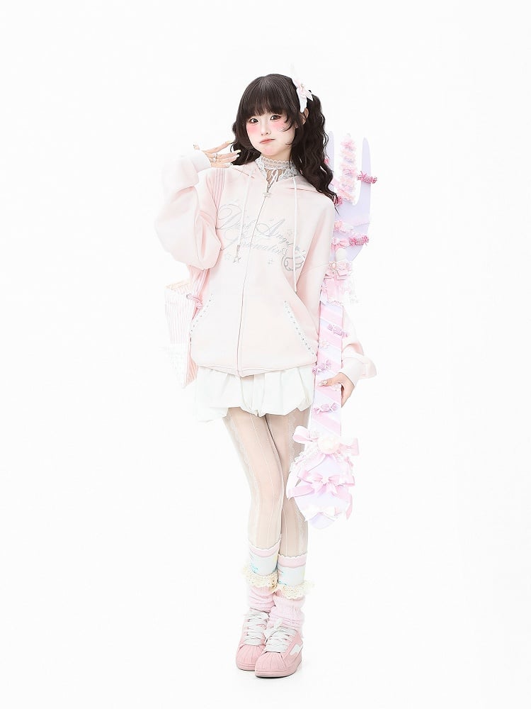Accent with Bow Hoodie Letter Blue/Black/Pink and Print Lace-Trimmed