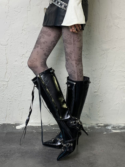 Gothic Grau-lila Y2K Blumenstrumpfhose
