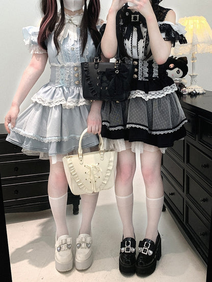 Jirai Kei Black/White/Red/Light Buttons Blue Open Shoulder Sweetheart Lace Trim Blouse