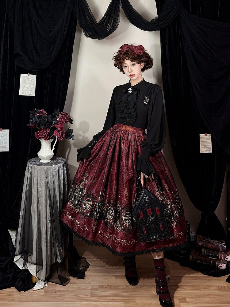 Lolita Print Gothic Candelabras Lace with Trim Red Wings Skirt Bat