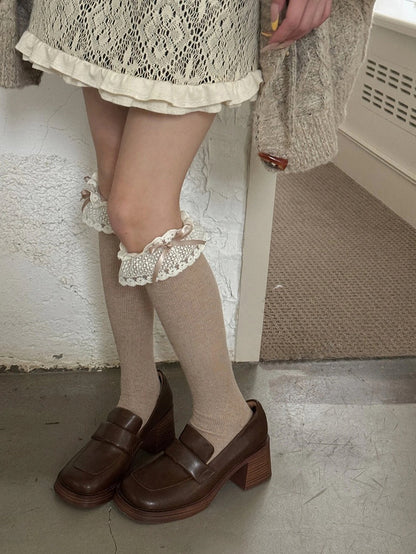Cuffs Stockings Ribbed with Bow Ruffle Lace