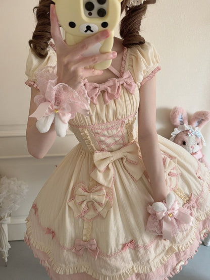 Scalloped Edge Scool Lolita Cotton Yellow Skirt Accents Pink Dress and Bow Old Trim