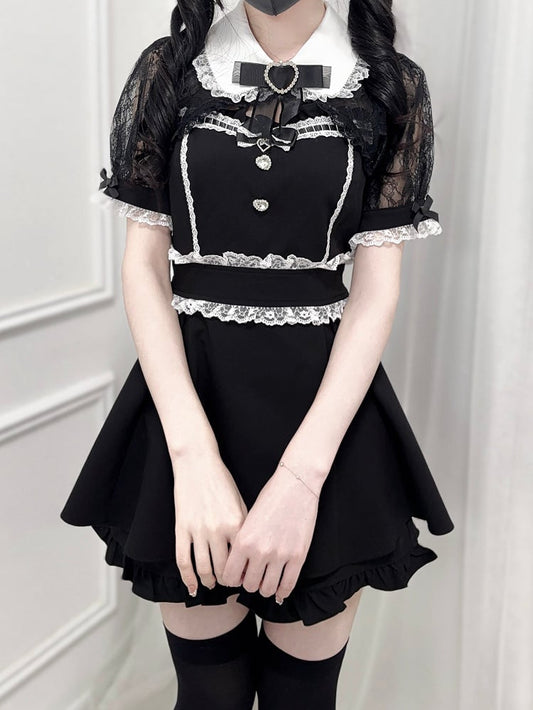 Rhinestone -Shirt Set Sweetheart Black Bowtie Decoration Shawl Kei Jirai Top Collar + Lace Shorts