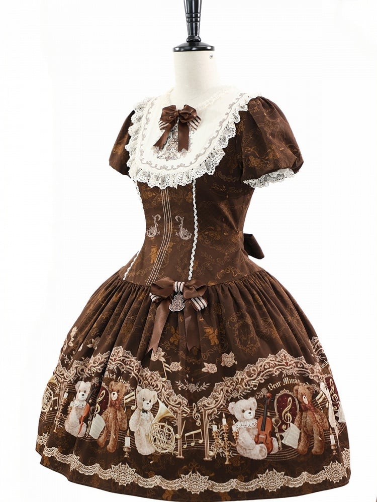 Vintage Doll Style Brown Short Sleeve OP Dress with Bear Symphony Print - Twin Bear Original Design