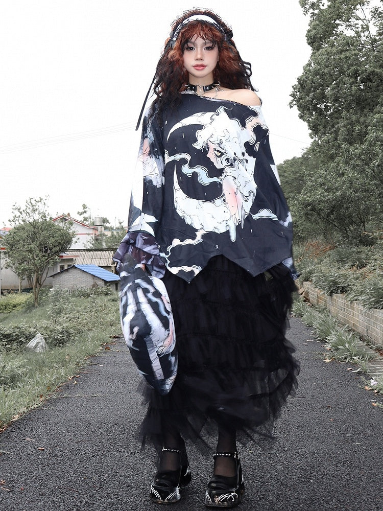 ファッションブラックムーンスリーブプロテクショントップロングとギャル漫画プリントサン