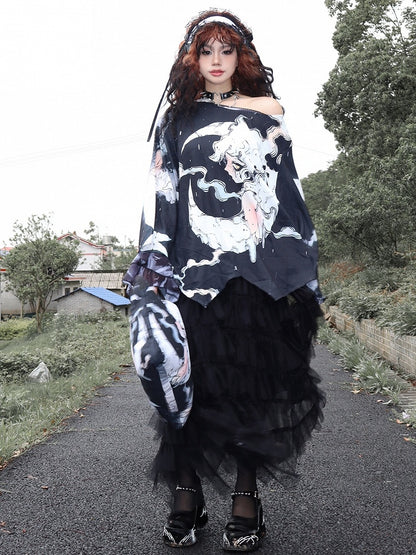 ファッションブラックムーンスリーブプロテクショントップロングとギャル漫画プリントサン