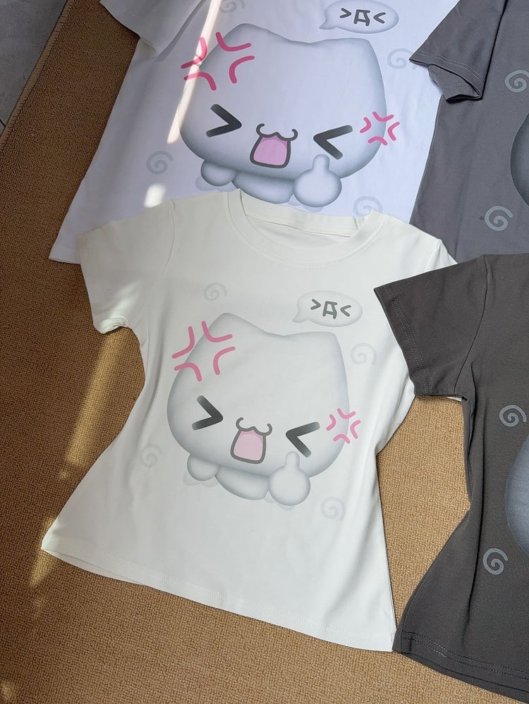 with Annoyed Neck White T-shirt Print Crew in Slim-fitting Kitty