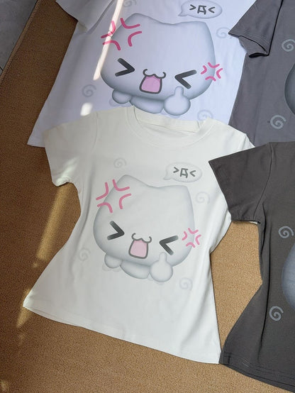 with Annoyed Neck White T-shirt Print Crew in Slim-fitting Kitty