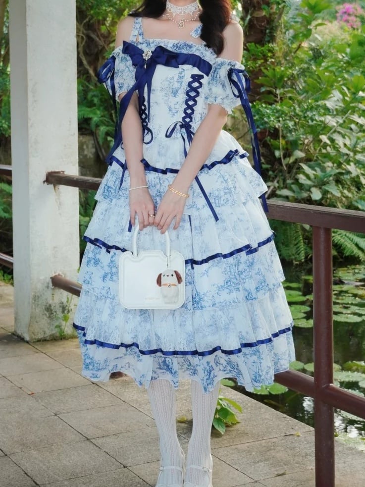Dress Porcelain-Inspired 120CM-Length Blue Princess White Hanayome-Style Elegant Lolita