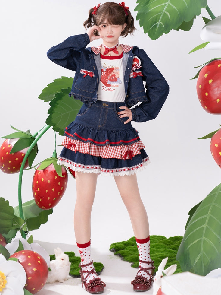 Navy Blue Heart Applique Bunny Ear Hooded Denim Short Jacket Ruffle Hem