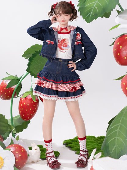 Navy Blue Heart Applique Bunny Ear Hooded Denim Short Jacket Ruffle Hem