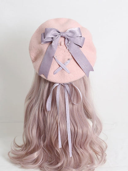 Lolita Beret Ribbon Pink 4-Color Sweet Bowknot Optional With