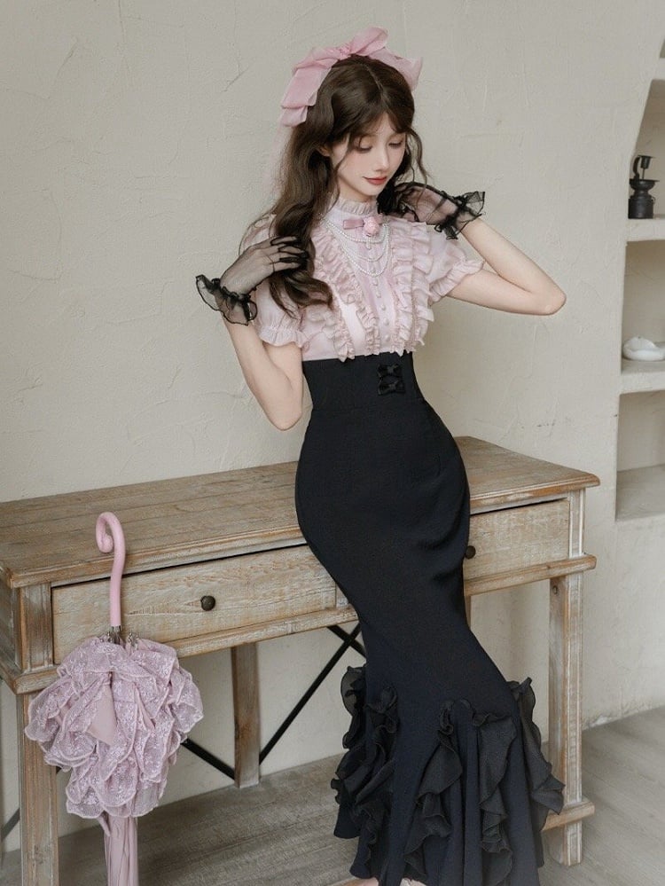 Meerjungfrau-Lolita- und Stäbchen-Design, elegantes Kleid, rosa Taillenbluse, zwei falsche schwarze Röcke