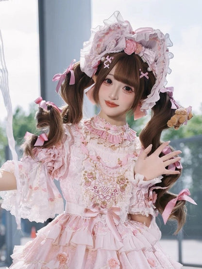 Bonnet Accents Rose Light with Bow Pink/Rose and Pink Ruffled Lolita
