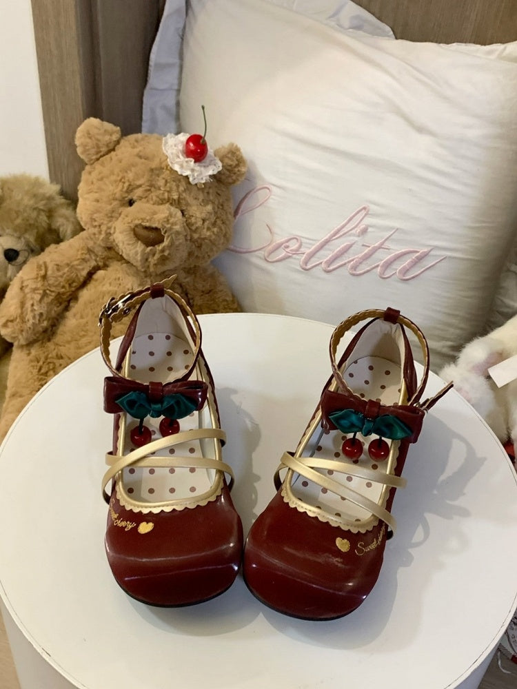 Wine Lolita Low-heel with Mary Bow Janes Hem Scalloped Accents Sweet Red