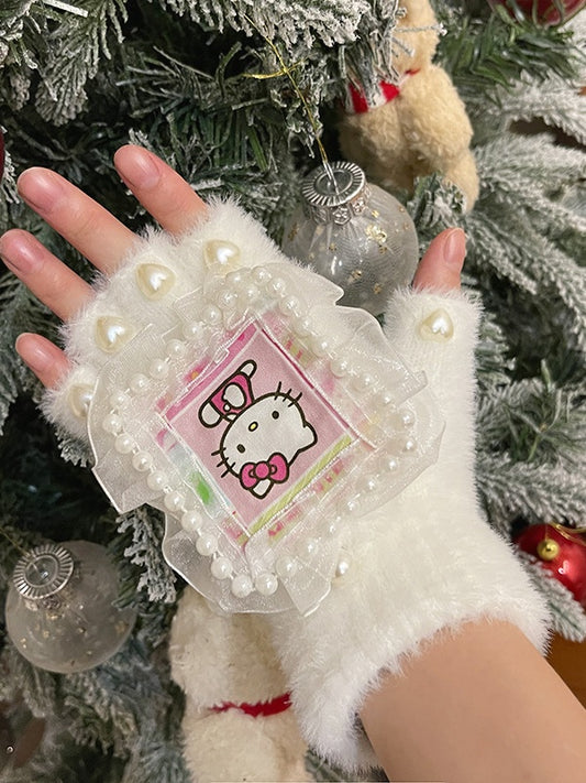 Schwarz/Weiße Plüschhandschuhe mit süßem Kätzchen-Print, Herzperlen, Spitzendetails