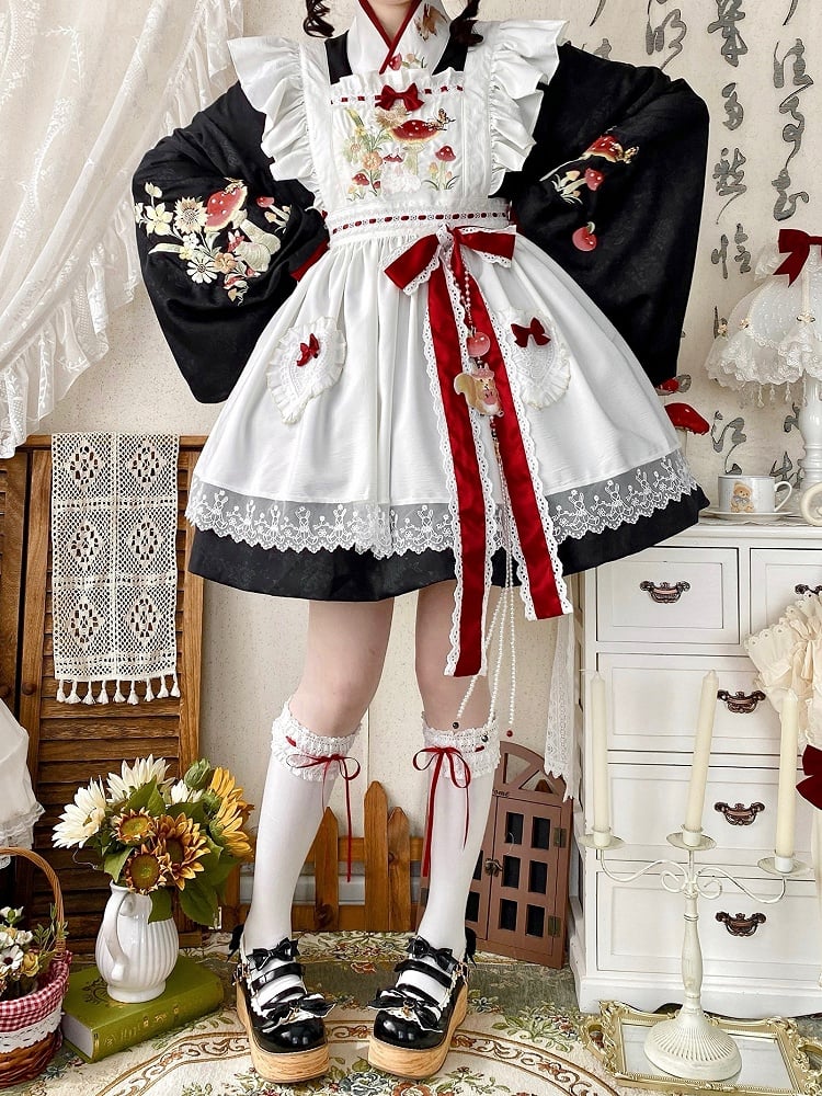 Mushroom OP Black Crossover + Ausschnittstickerei und Bunny Schürze Han Lolita
