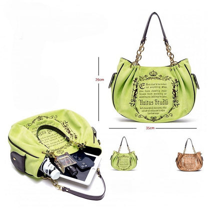 Vintage Green Gothic Lettering Embroidered Tote Bag with Chain Strap