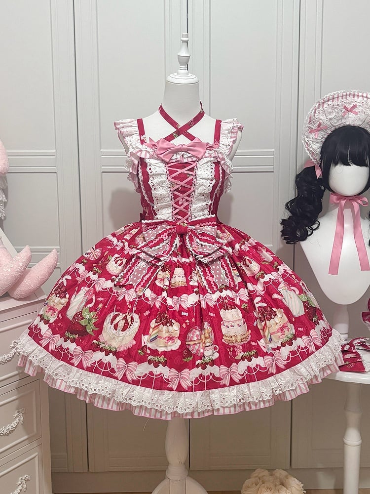 Lolita Rock Sweet Red Bows Print Dessert und Pullover Erdbeere