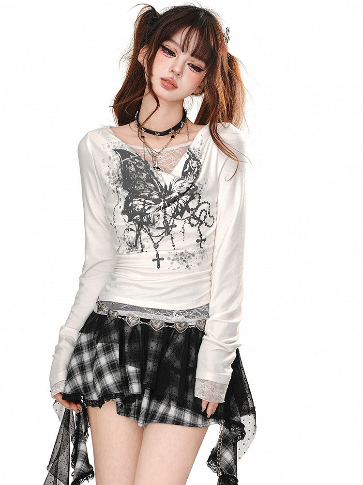 Schwarz/weißes Oberteil mit Schmetterlingsdruck und asymmetrischem Ausschnitt und langen Ärmeln