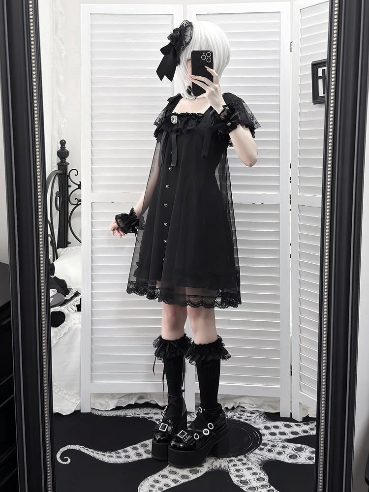 Gothic Square Neck Dress with Bow Accents - Ekomi