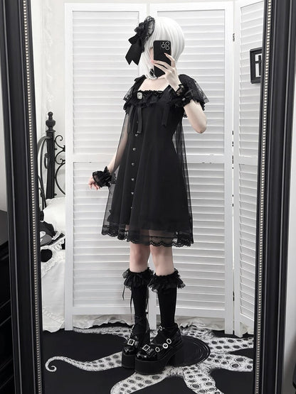 Gothic Square Neck Dress with Bow Accents - Ekomi