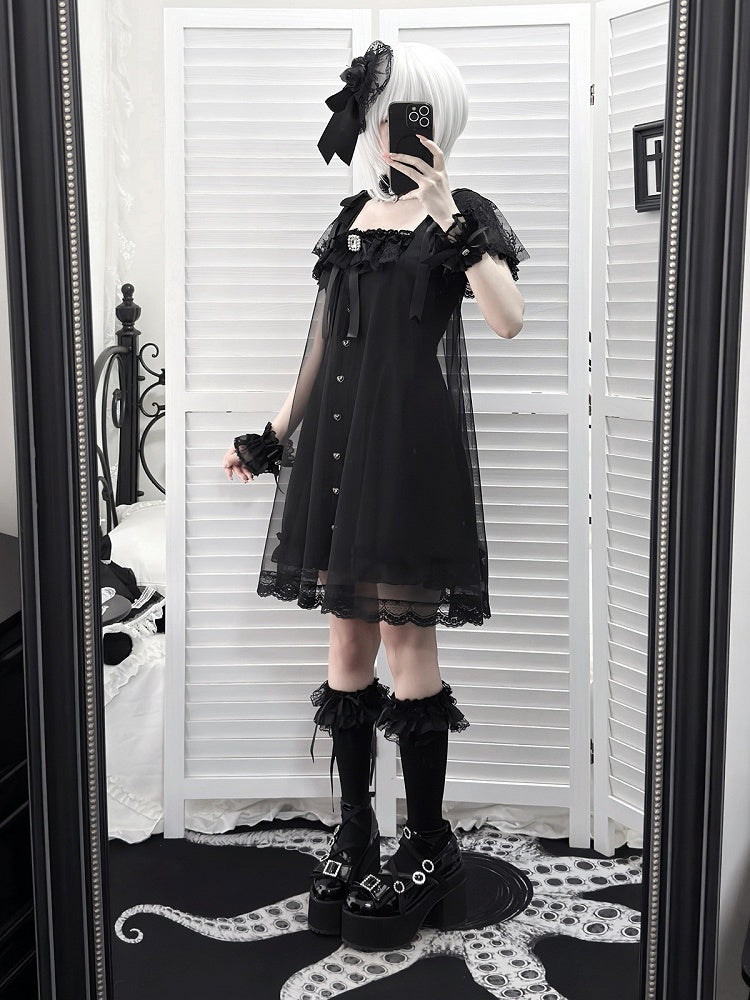 Square-Neck Gothic Dress with Sheer Overlay & Bow Detail - Ekomi