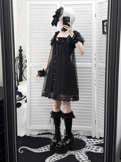 Square-Neck Gothic Dress with Sheer Overlay & Bow Detail - Ekomi