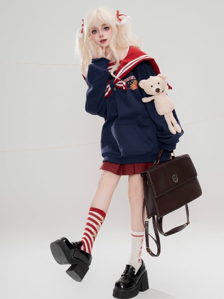 Hellgelb/Weiß/Marineblauer süßer Bären-Plüsch-Kapuzenpullover mit Matrosenkragen