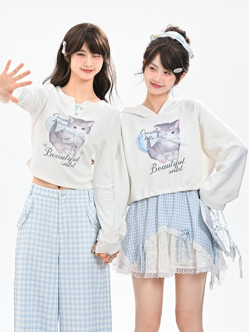 Print Drawstring Hem Blue Hoodie Plaid Adorable Cartoon Kitty Hood White