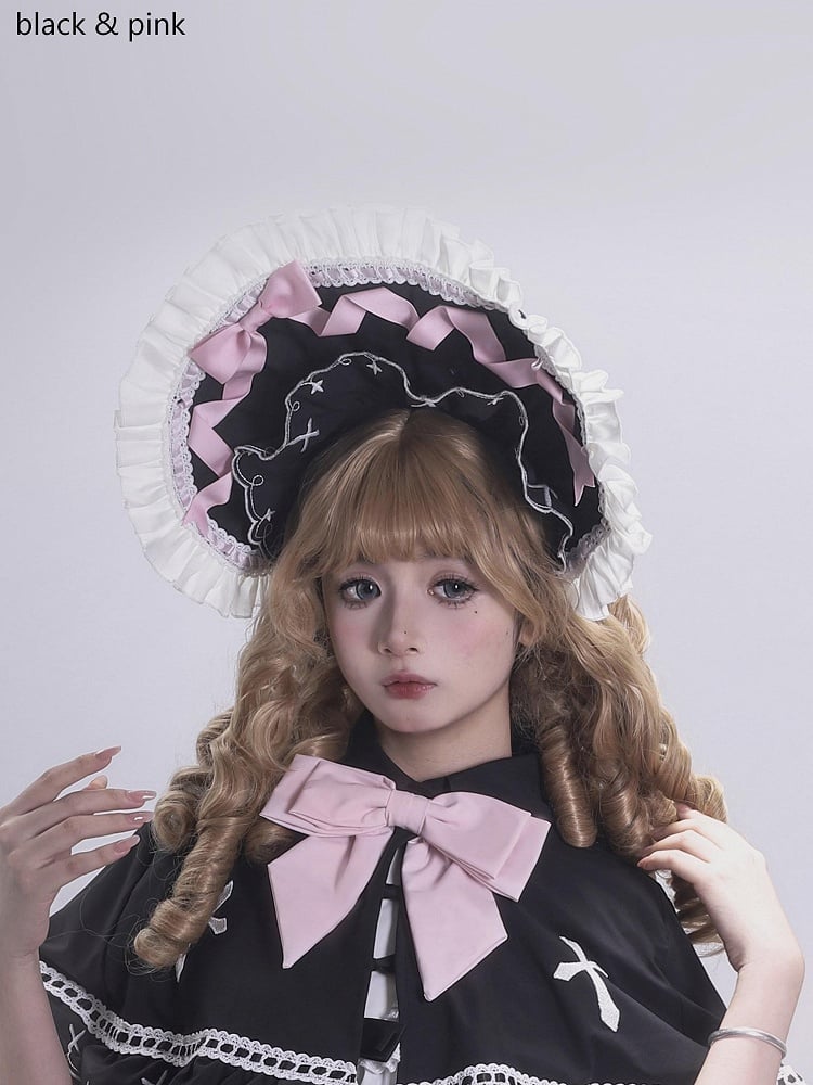 Lolita Bonnet with Bow & Cross Pattern in 4 Colors - MUYU