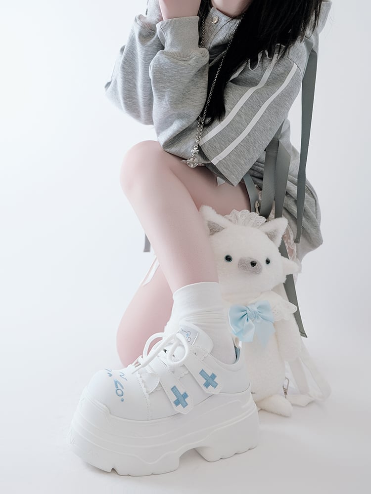 Yami Kawaii Matte White Cross Velcro Strap Kitty Ears Platform Shoes