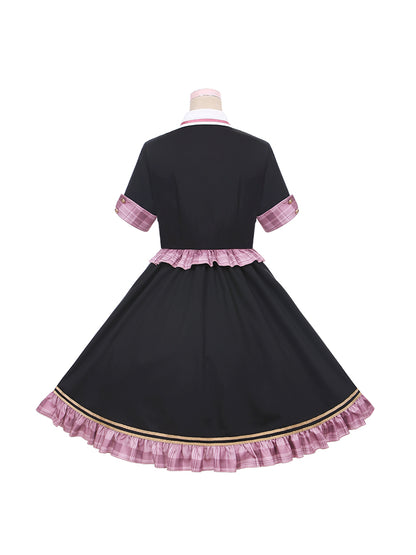Black Contrat Pink Plaid Trim Gold-tone Buttons Dress Idol Lolita OP
