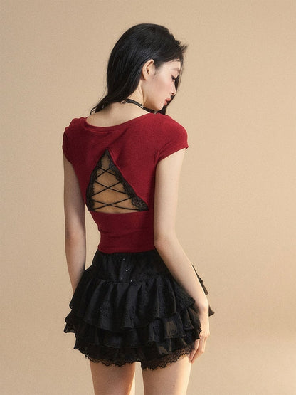 Red Lace Big Bow Slim-fitting Back T-Shirt Trim V-Neck Cutout