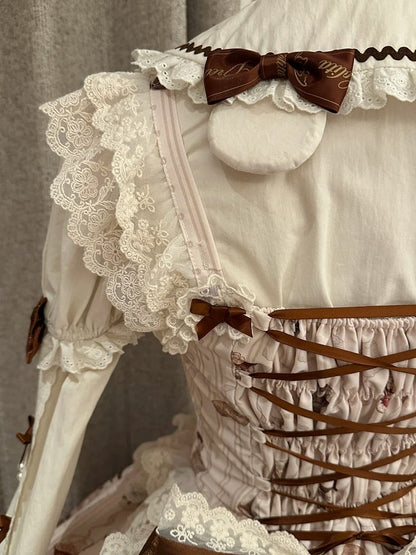 Sweet Brown Little Dress Lace Lolita Bear JSK Flutter with Sleeves Print Beige Details Workshop