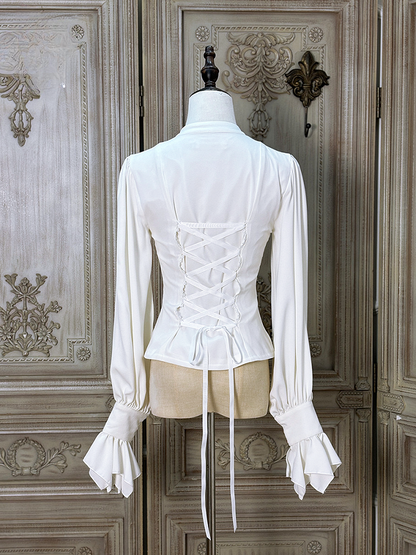 Tie and Long-sleeved Placket Lolita Jabot White with Blouse Ruffled