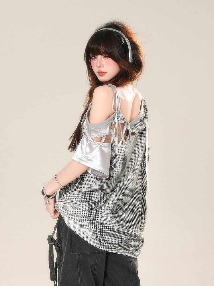 Graues Sport-T-Shirt mit Cut-Outs an der Schulter, Stickerei und Schnürdetail