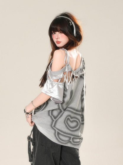 Graues Sport-T-Shirt mit Cut-Outs an der Schulter, Stickerei und Schnürdetail