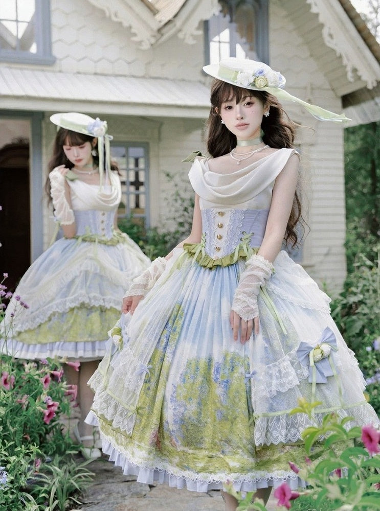 Art Print Skirt Classic Lolita Cowl Neck JSK Dress with Removable Overlay - Moonlight Dream