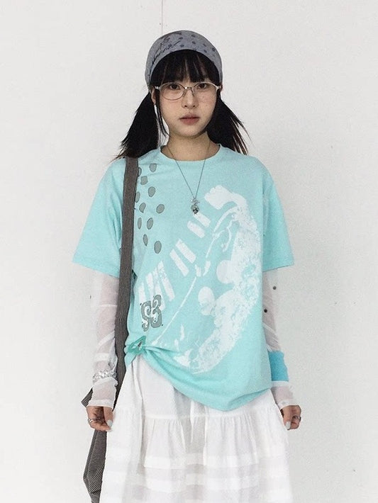 Mint Green Crew Neck Tee with Distressed Print - innomoood