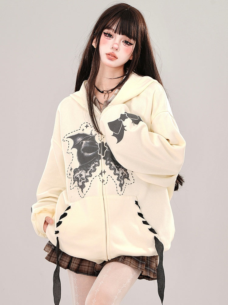 Apricot/Pink Bat Wings Bow Print Zip Hoodie