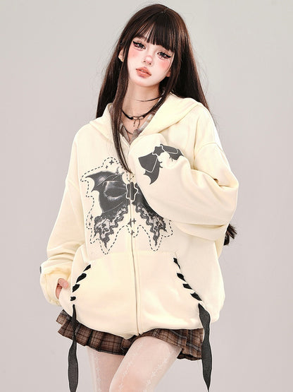 Apricot/Pink Bat Wings Bow Print Zip Hoodie