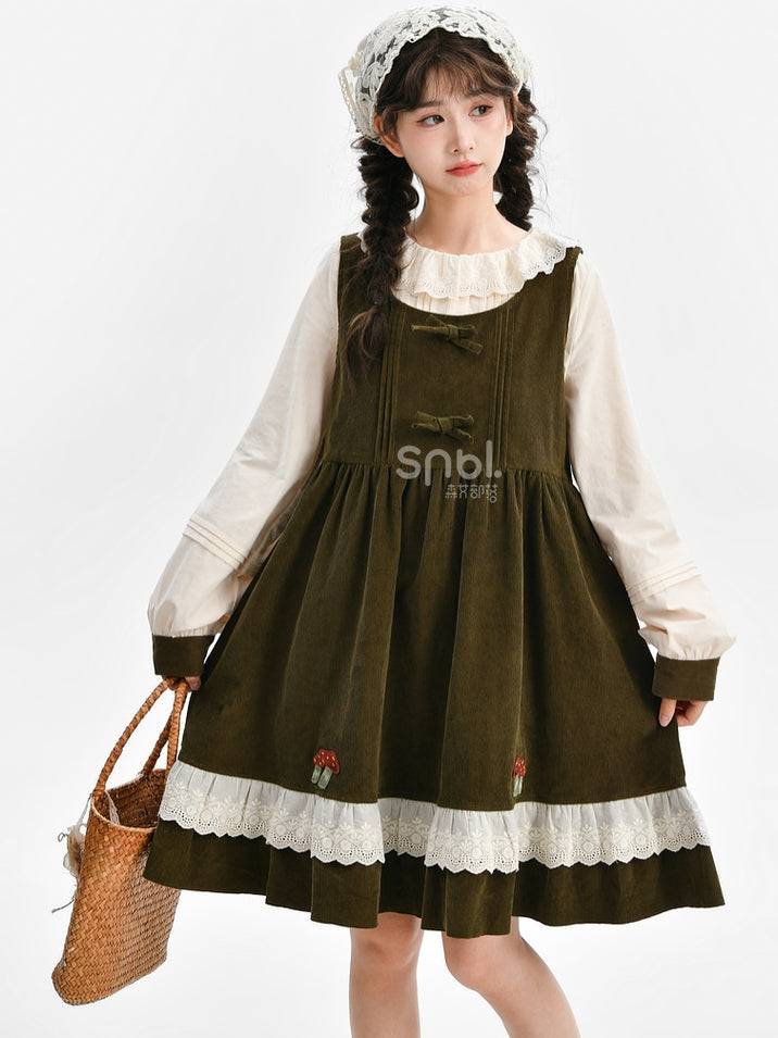 Green Mori Kei Bowknot Details Corduroy Overall Dress