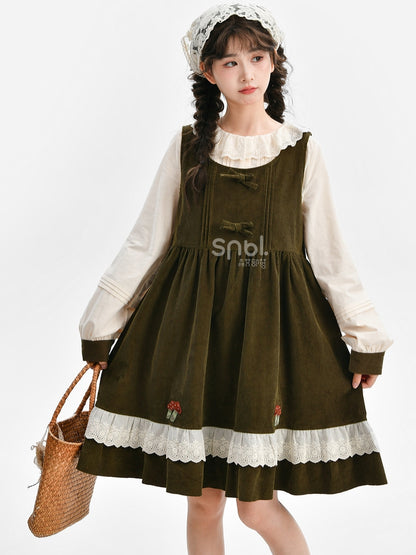 Green Mori Kei Bowknot Details Corduroy Overall Dress