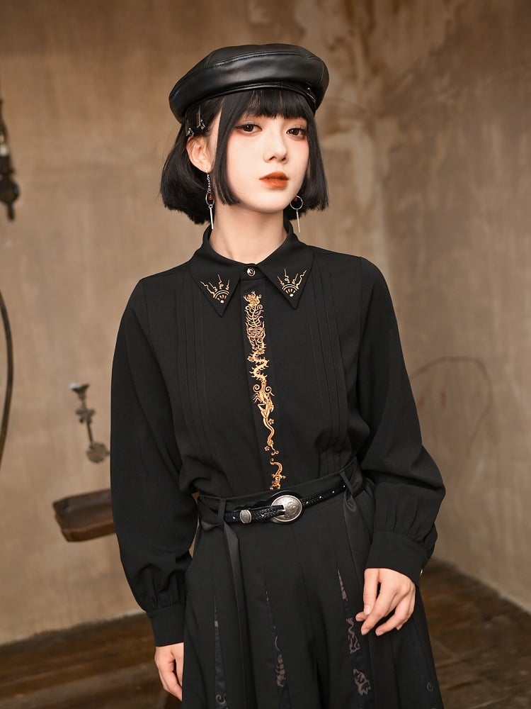 Gold Button Embroidery Black Placket Gothic Animal with Cheongsam Blouse